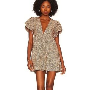 Anna Nata Maria Brown Floral Deep V Women’s Mini Dress Sz S